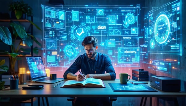 A futuristic digital workspace with a warm human vibe In the center a writer sits at a sleek desk surrounded by floating holographic text blocks and charts representing clean formatting bullet points and subheadings On one side a classic notebook wit