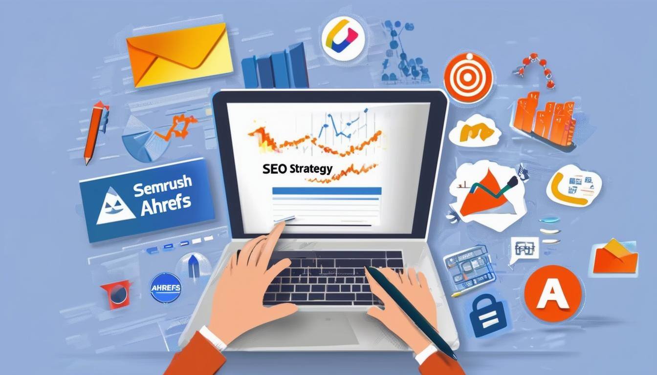 An image of a person writing content with a laptop, surrounded by SEO strategy tools like SEMrush and Ahrefs, while focusing on creating engaging and